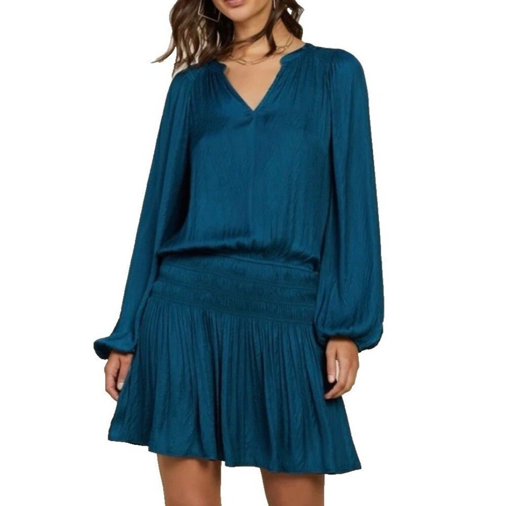 Current Air Anthropologie Silky Teal Green Dress S V Neck Smocked A Line NEW